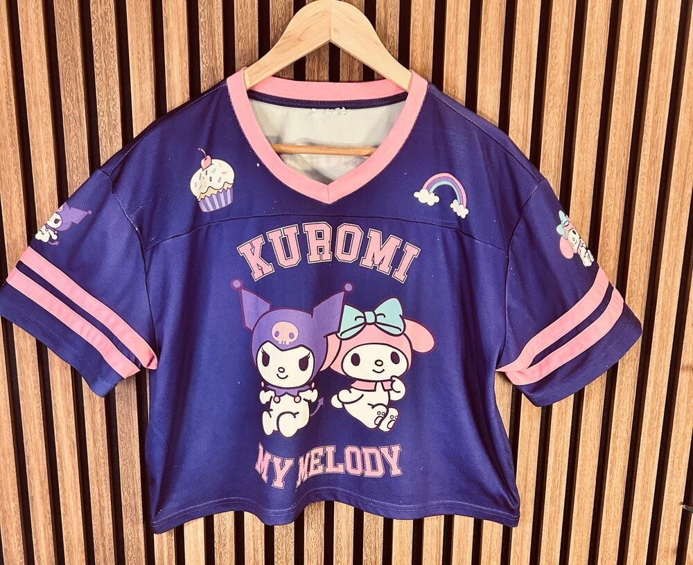 Kuromi x My Melody Sanrio Jersey Crop Top Navy Pink Kawaii V-Neck Blokecore